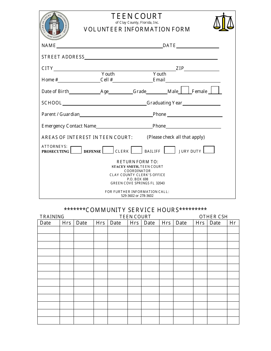 Teen Court Volunteer Information Form - for Teens - Clay County, Florida, Page 1