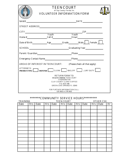 Teen Court Volunteer Information Form - for Teens - Clay County, Florida Download Pdf