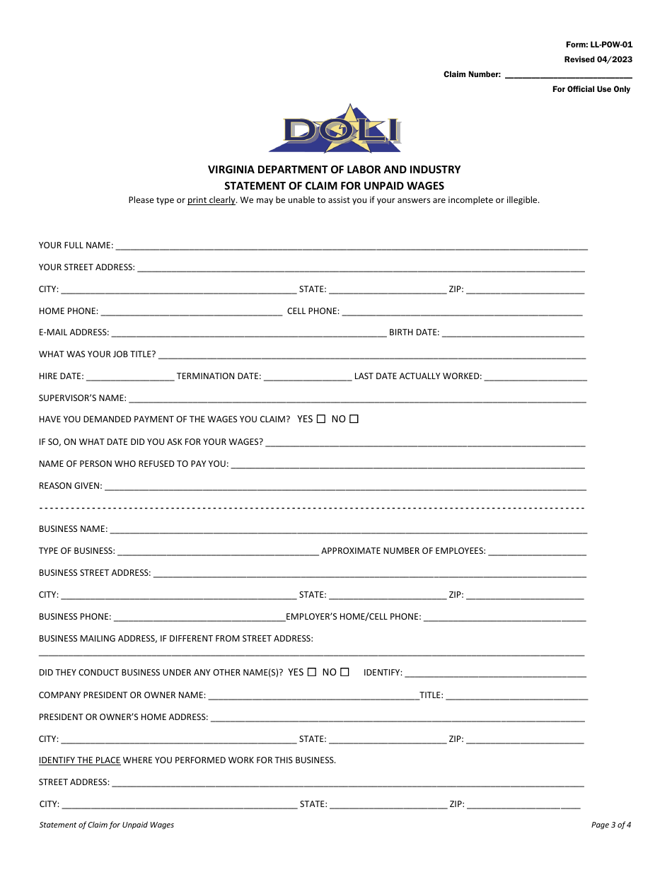 Form LL-POW-01 Statement of Claim for Unpaid Wages - Virginia, Page 3
