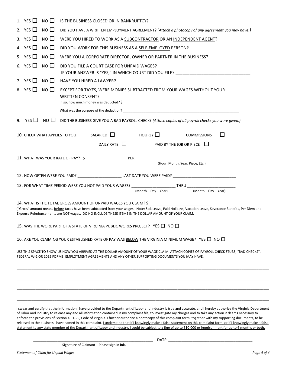 Form LL-POW-01 Statement of Claim for Unpaid Wages - Virginia, Page 4