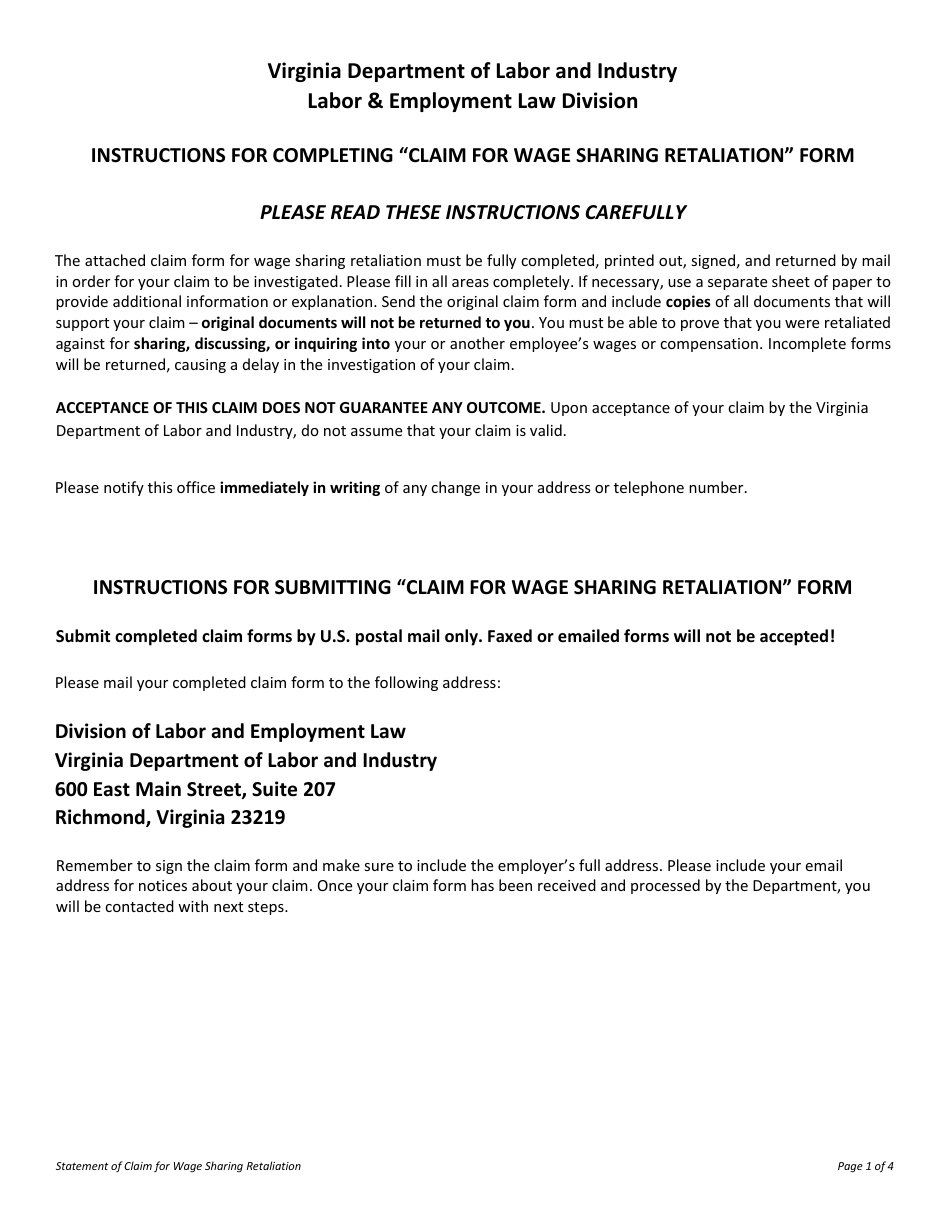 Form LL-RWS-01 Statement of Claim for Wage Sharing Retaliation - Virginia, Page 1