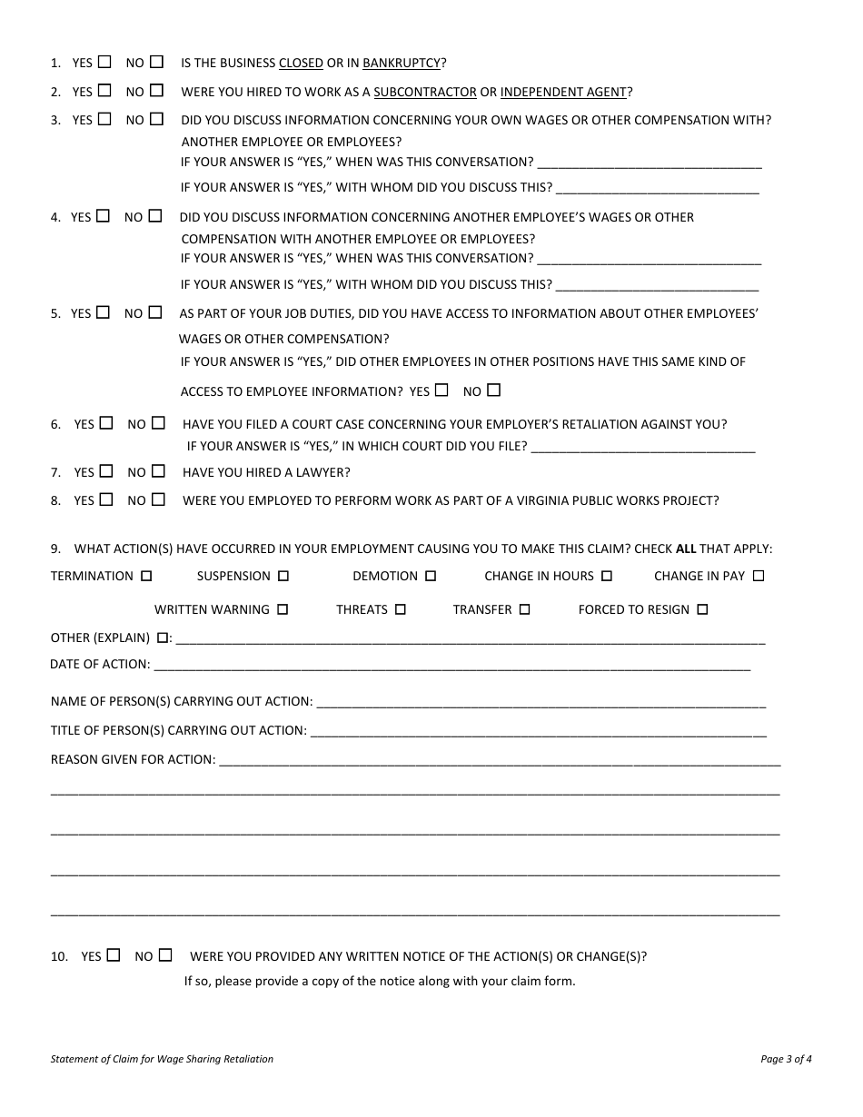 Form LL-RWS-01 Statement of Claim for Wage Sharing Retaliation - Virginia, Page 3