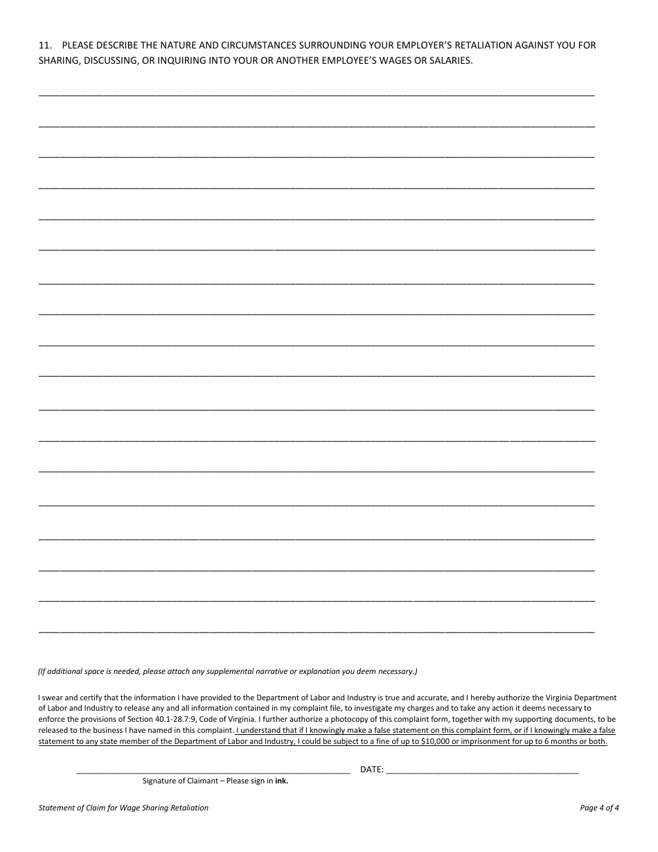 Form LL-RWS-01 Statement of Claim for Wage Sharing Retaliation - Virginia, Page 4