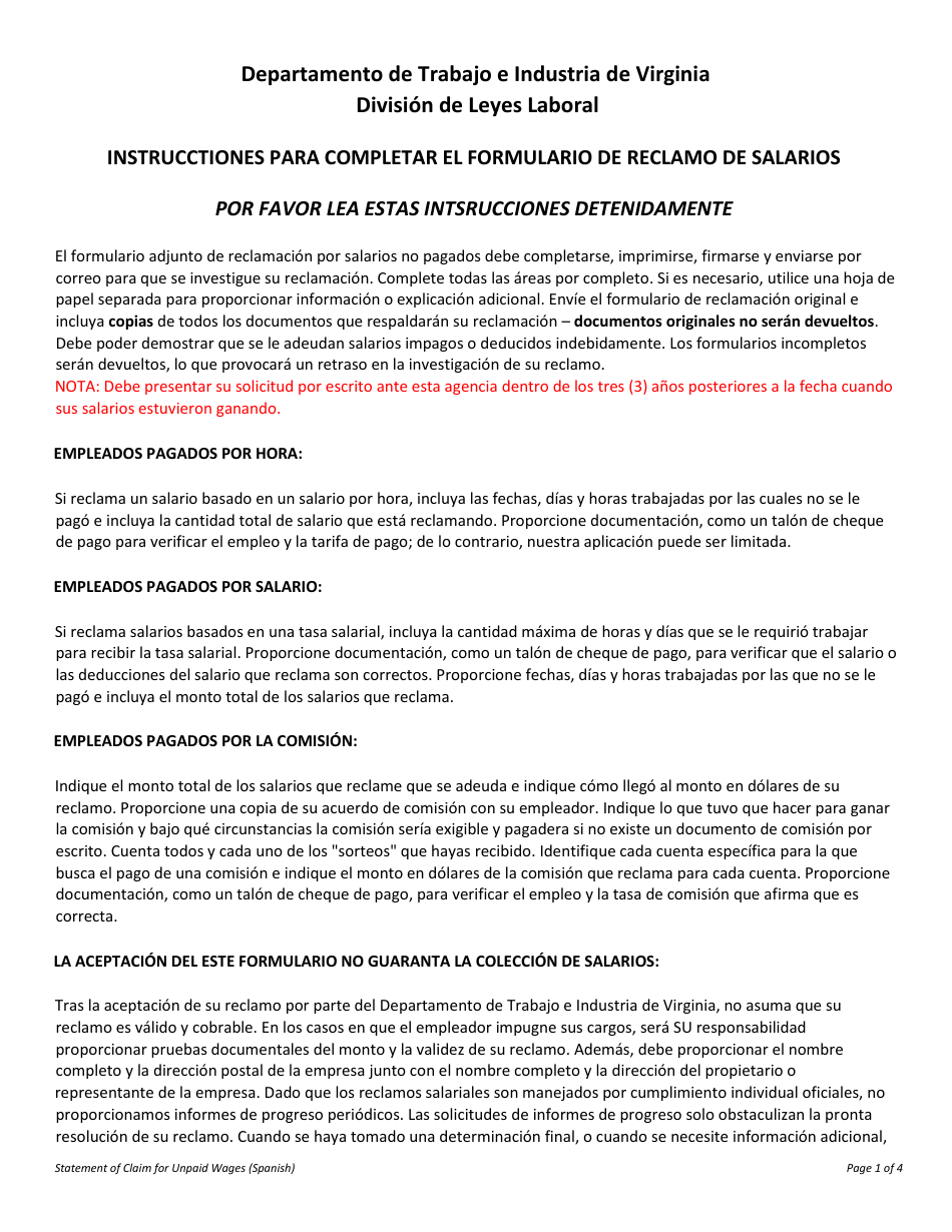 Formulario LL-POW-01 SPA Declaracion De Reclamo Por Salarios No Pagados - Virginia (Spanish), Page 1