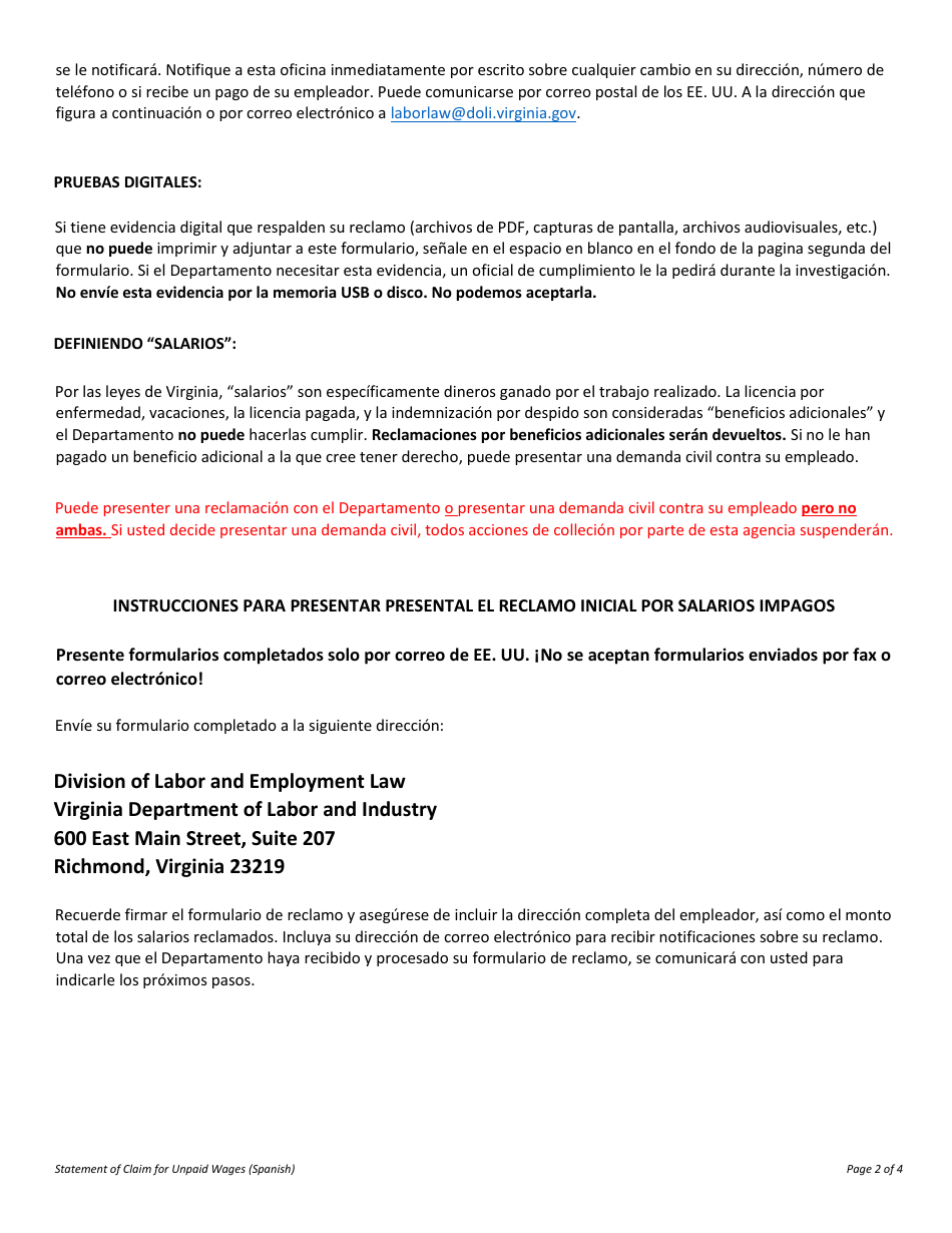 Formulario LL-POW-01 SPA Declaracion De Reclamo Por Salarios No Pagados - Virginia (Spanish), Page 2