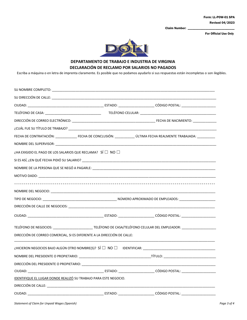 Formulario LL-POW-01 SPA Declaracion De Reclamo Por Salarios No Pagados - Virginia (Spanish), Page 3