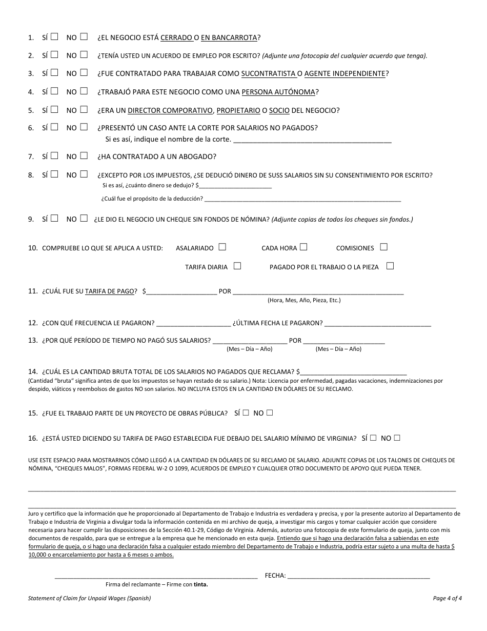 Formulario LL-POW-01 SPA Declaracion De Reclamo Por Salarios No Pagados - Virginia (Spanish), Page 4