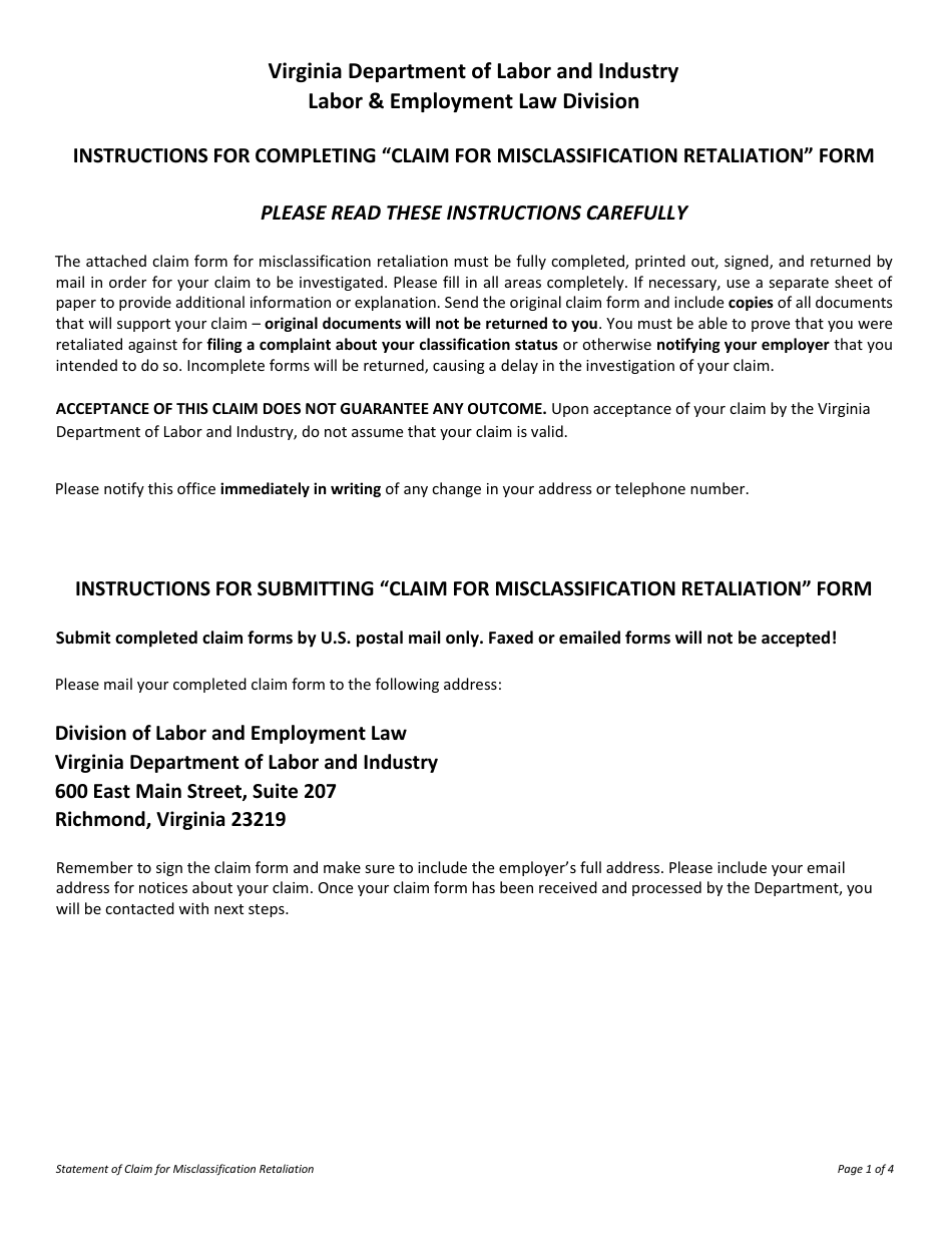 Form LL-RMC-01 Statement of Claim for Misclassification Retaliation - Virginia, Page 1