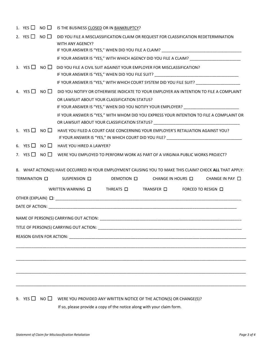 Form LL-RMC-01 Statement of Claim for Misclassification Retaliation - Virginia, Page 3