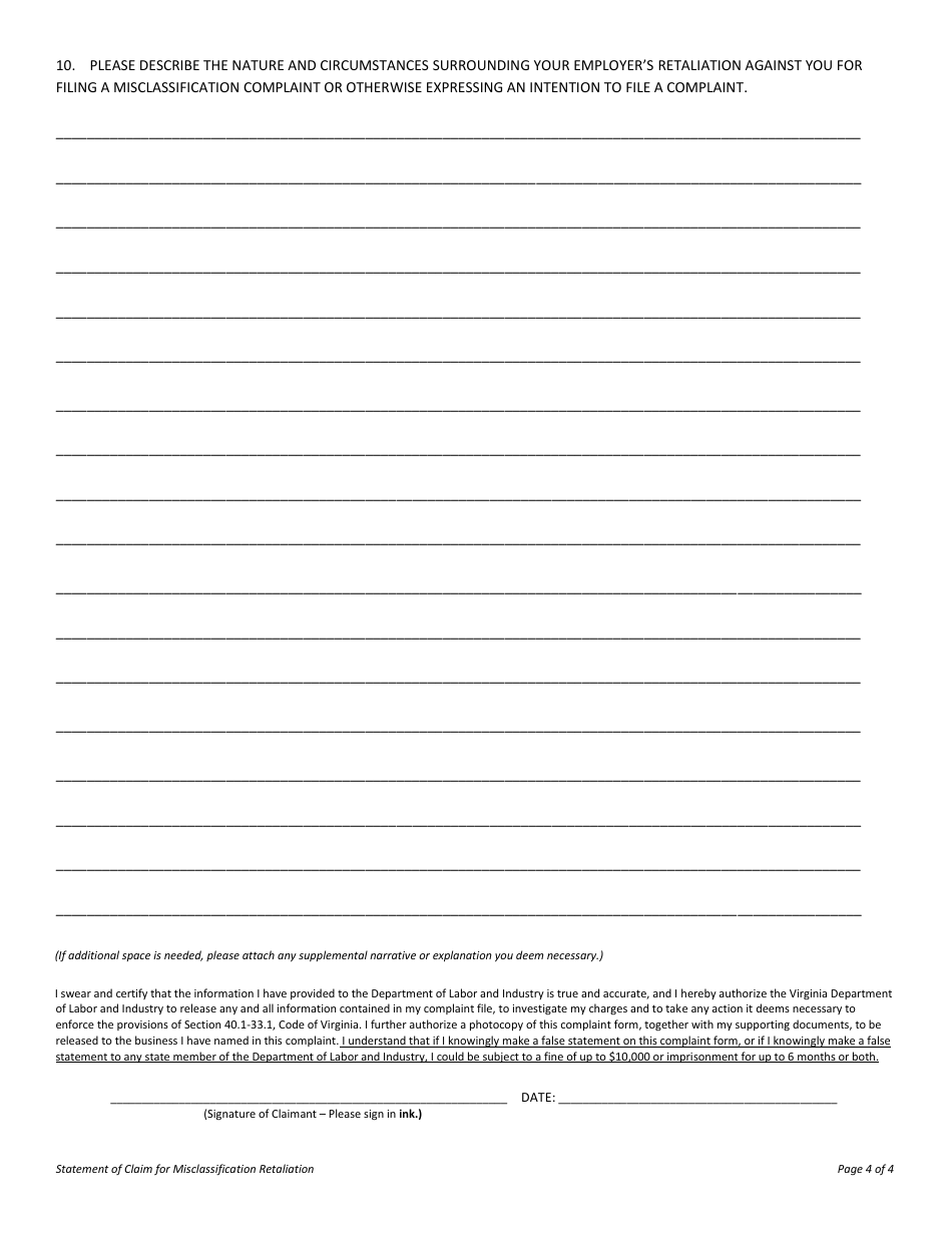 Form LL-RMC-01 Statement of Claim for Misclassification Retaliation - Virginia, Page 4