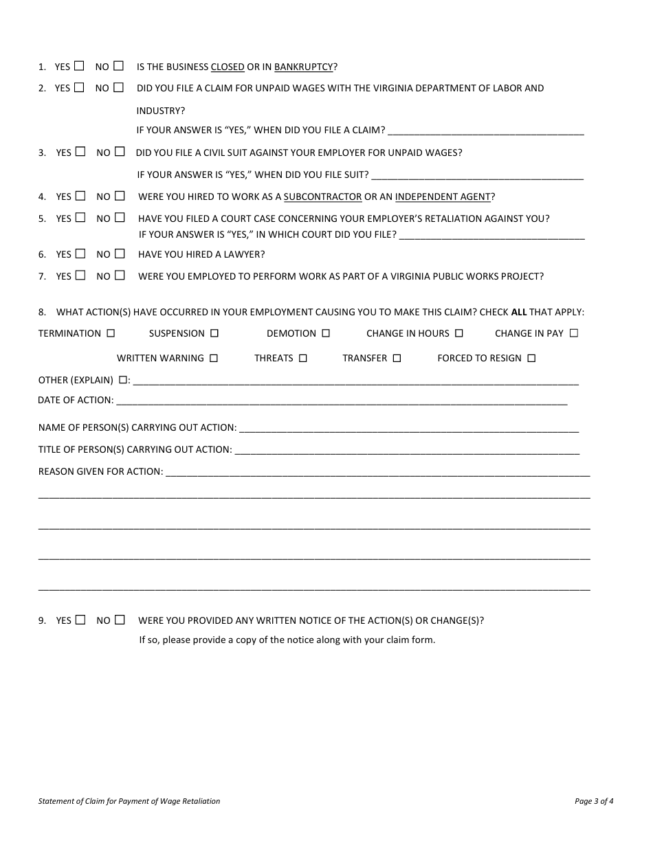 Form LL-RPW-01 Statement of Claim for Payment of Wage Retaliation - Virginia, Page 3
