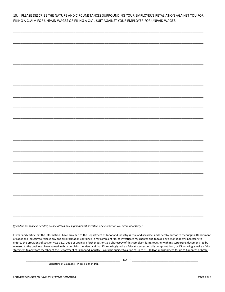 Form LL-RPW-01 Statement of Claim for Payment of Wage Retaliation - Virginia, Page 4