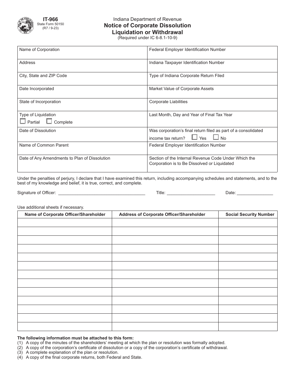 Form IT-966 (State Form 50150) Notice of Corporate Dissolution Liquidation or Withdrawal - Indiana, Page 1