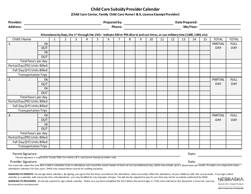 Child Care Subsidy Provider Calendar (Child Care Center, Family Child Care Home I & II, License Exempt Provider) - Nebraska Download Pdf