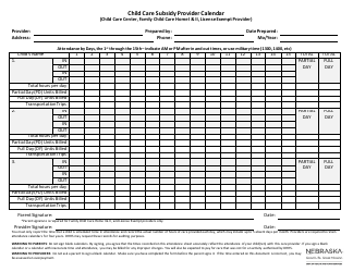 Child Care Subsidy Provider Calendar (Child Care Center, Family Child Care Home I &amp; II, License Exempt Provider) - Nebraska