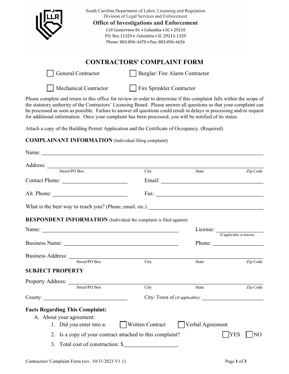 Contractors Complaint Form - South Carolina, Page 1