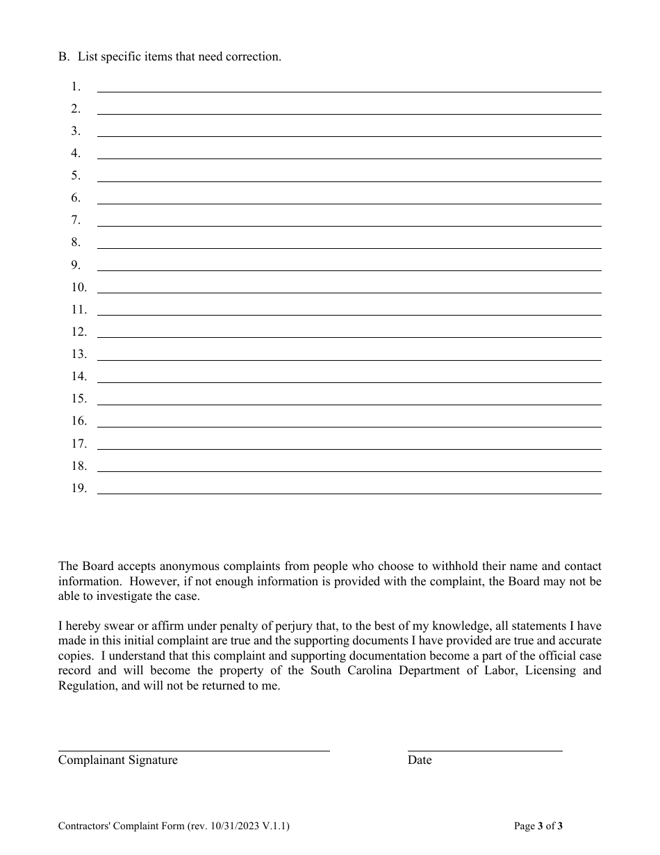 Contractors Complaint Form - South Carolina, Page 3