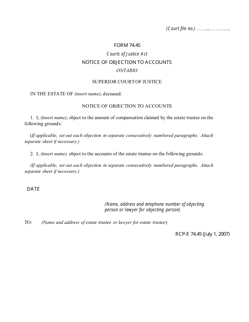 Form 74.45 Notice of Objection to Accounts - Ontario, Canada, Page 1