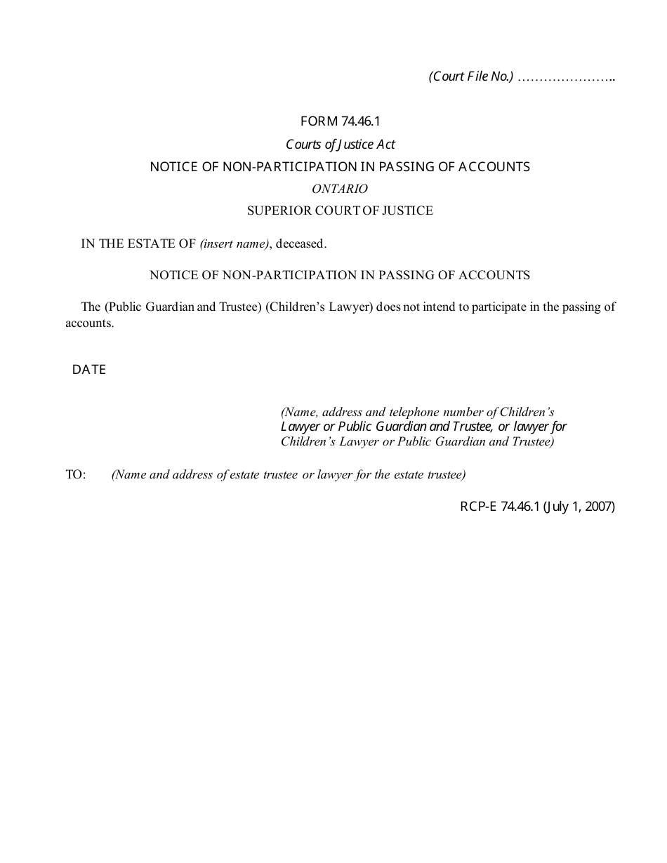 Form 74.46.1 Notice of Non-participation in Passing of Accounts - Ontario, Canada, Page 1