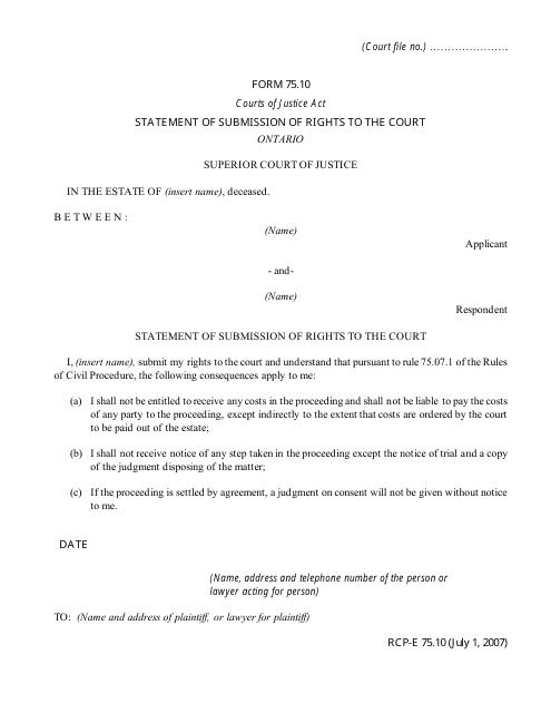 Form 75.10 Statement of Submission of Rights to the Court - Ontario, Canada