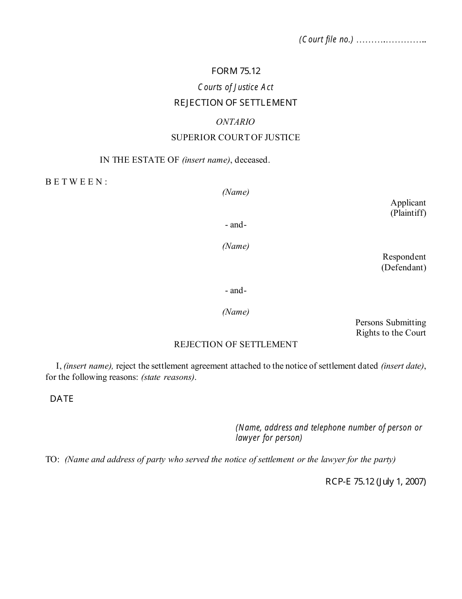 Form 75.12 Rejection of Settlement - Ontario, Canada, Page 1