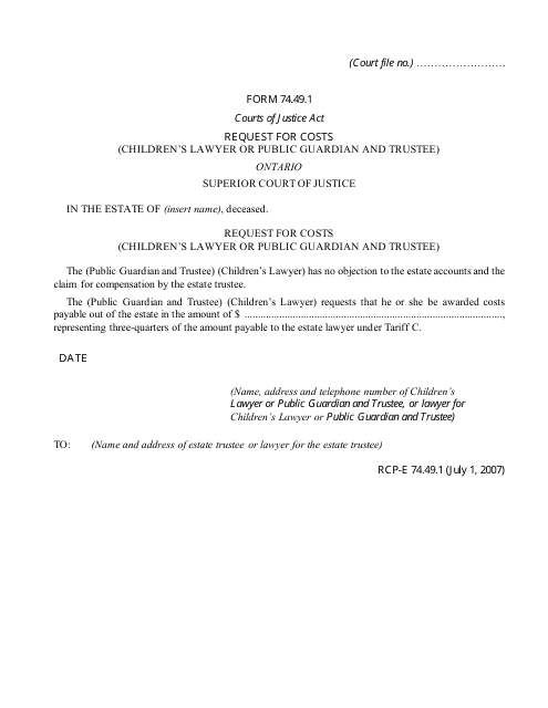 Form 74.49.1 Request for Costs (Children's Lawyer or Public Guardian and Trustee) - Ontario, Canada