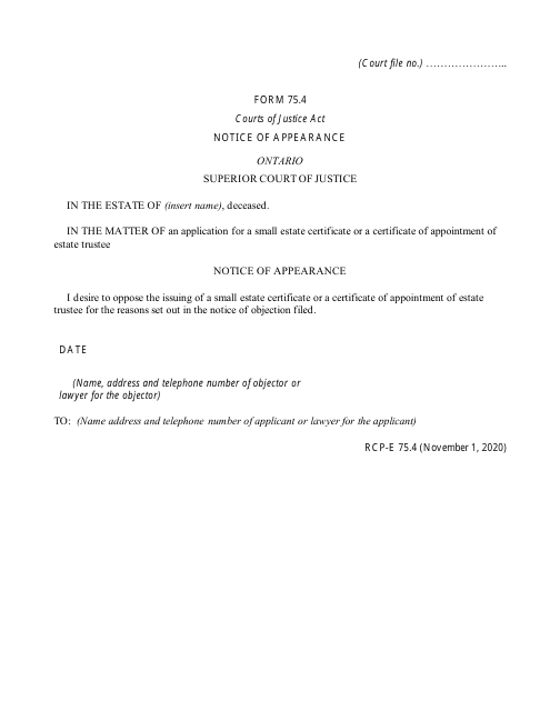 Form 75.4 Notice of Appearance - Ontario, Canada