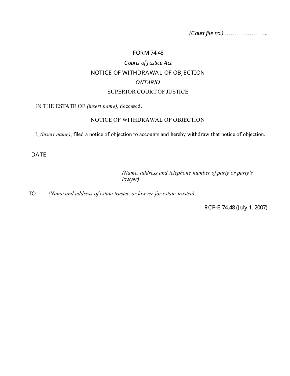 Form 74.48 Notice of Withdrawal of Objection - Ontario, Canada, Page 1