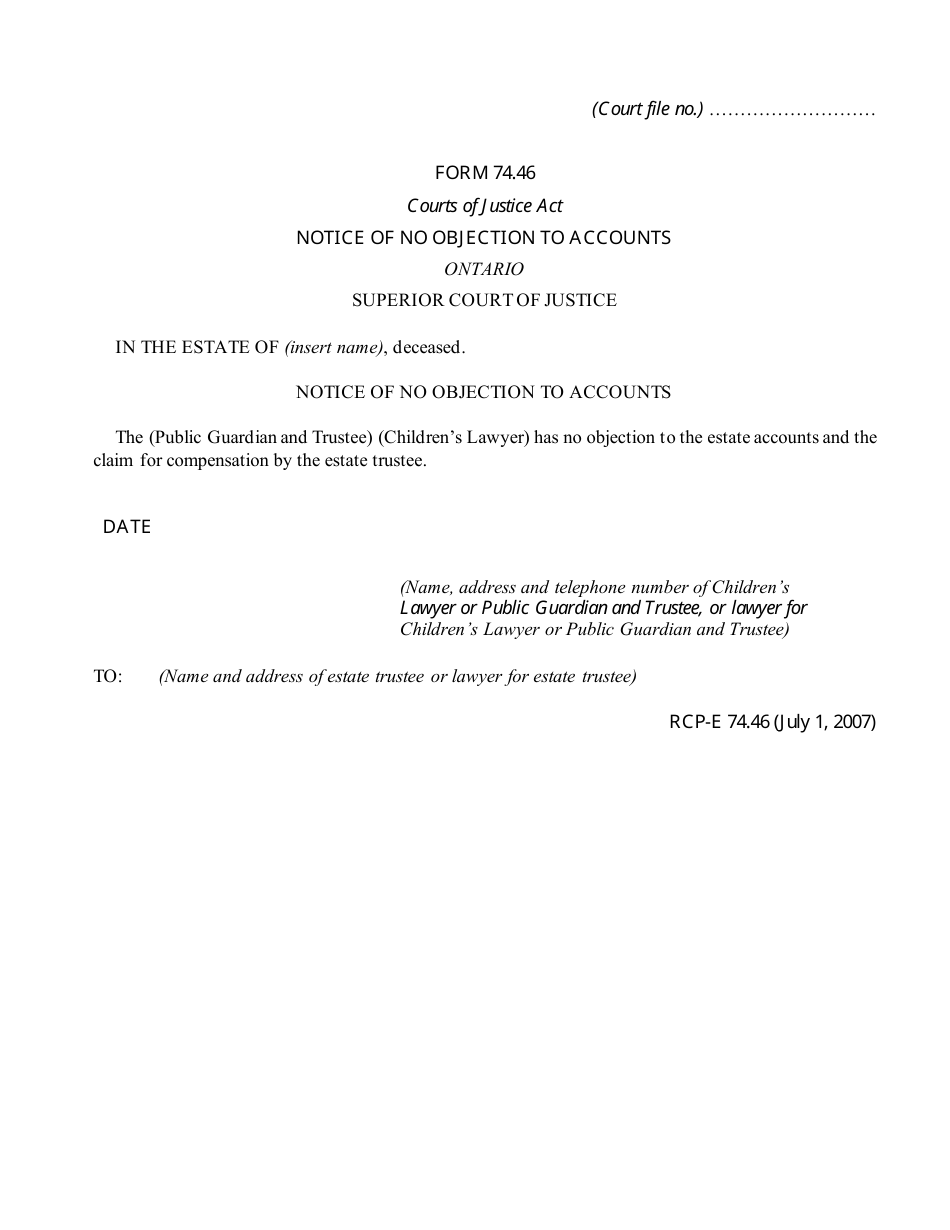 Form 74.46 Notice of No Objection to Accounts - Ontario, Canada, Page 1
