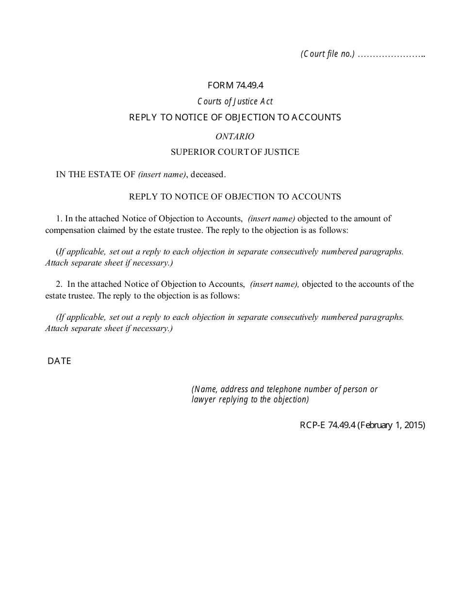 Form 74.49.4 Reply to Notice of Objection to Accounts - Ontario, Canada, Page 1