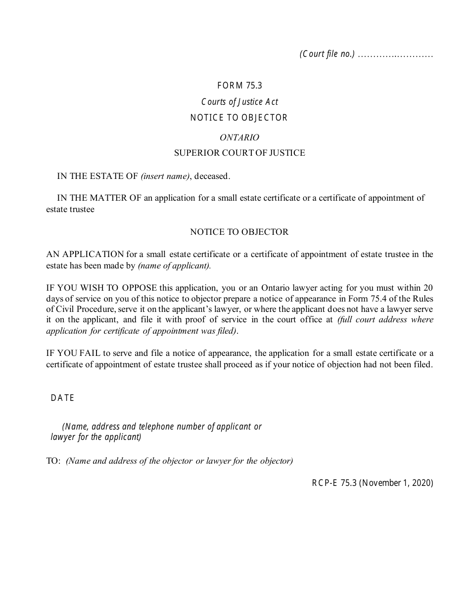 Form 75.3 Notice to Objector - Ontario, Canada, Page 1