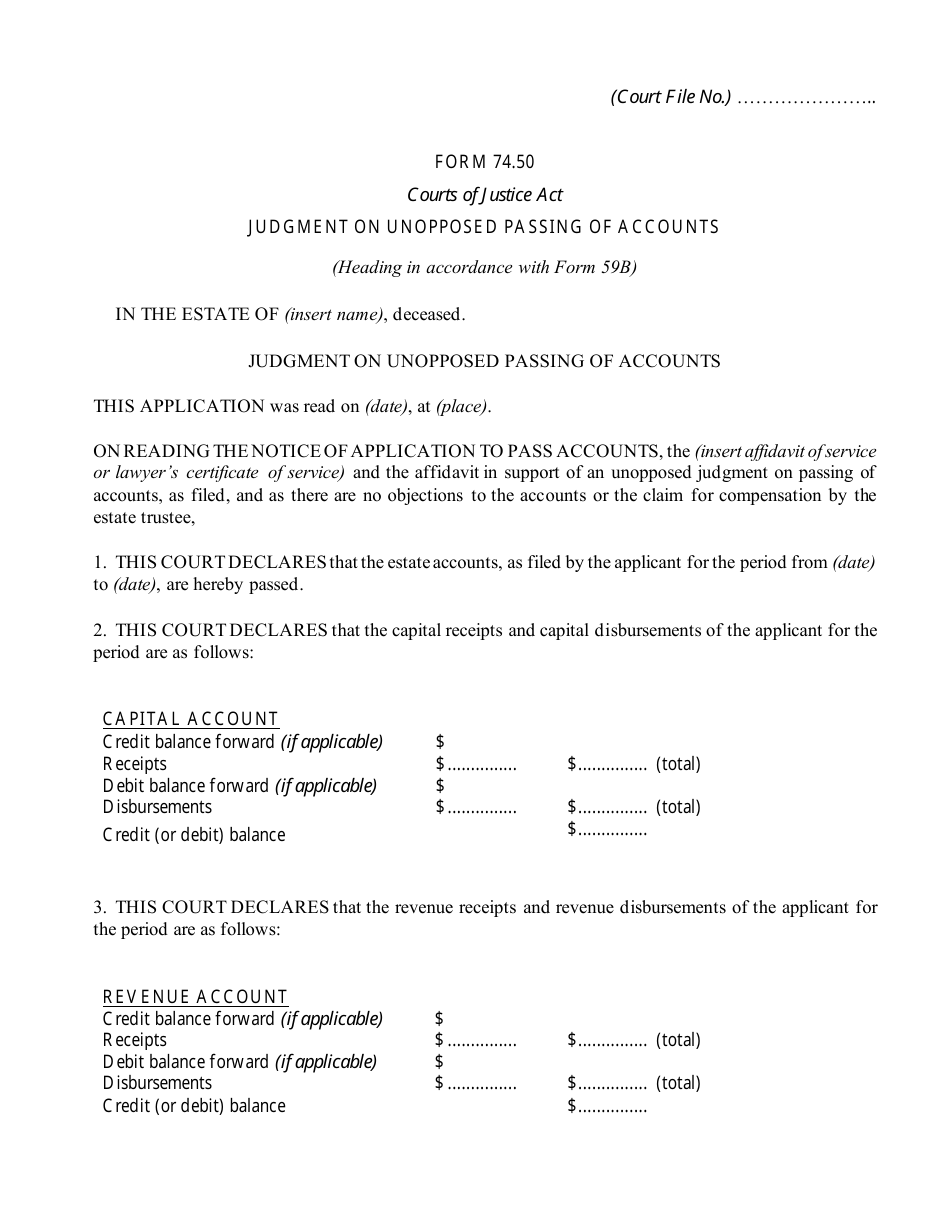 Form 74.50 Judgment on Unopposed Passing of Accounts - Ontario, Canada, Page 1