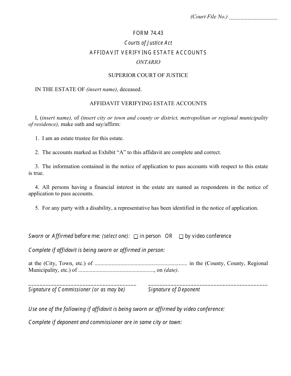 Form 74.43 Affidavit Verifying Estate Accounts - Ontario, Canada, Page 1