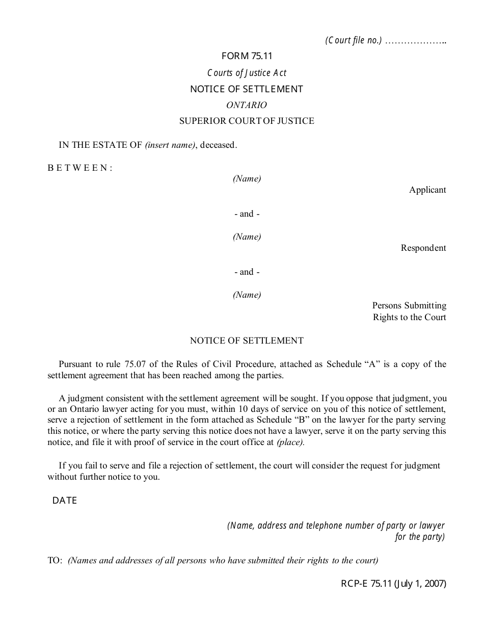 Form 75.11 Notice of Settlement - Ontario, Canada, Page 1