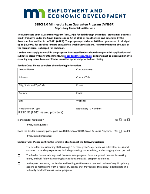 Depository Financial Institutions - Ssbci 2.0 Minnesota Loan Guarantee Program (Mnlgp) - Minnesota Download Pdf