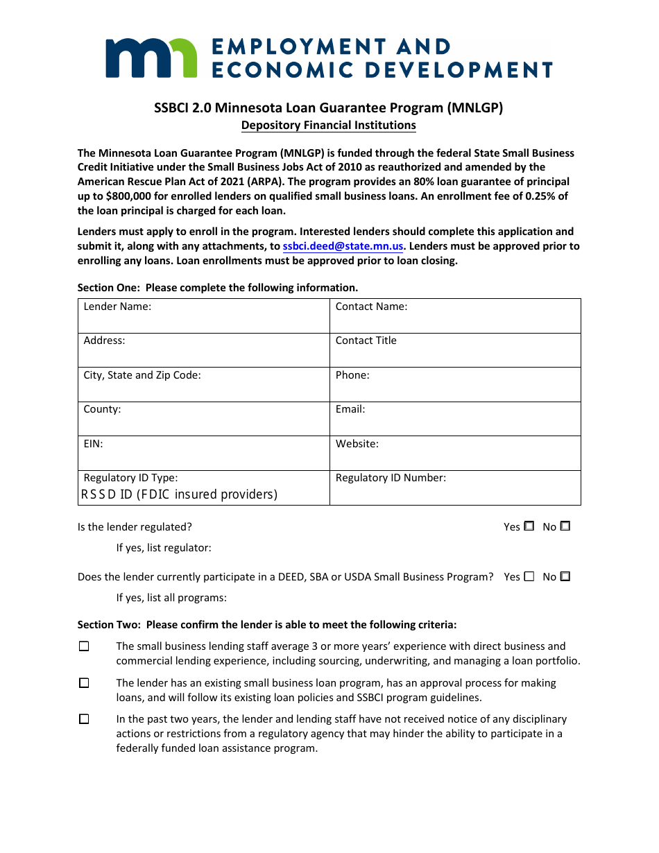 Depository Financial Institutions - Ssbci 2.0 Minnesota Loan Guarantee Program (Mnlgp) - Minnesota, Page 1