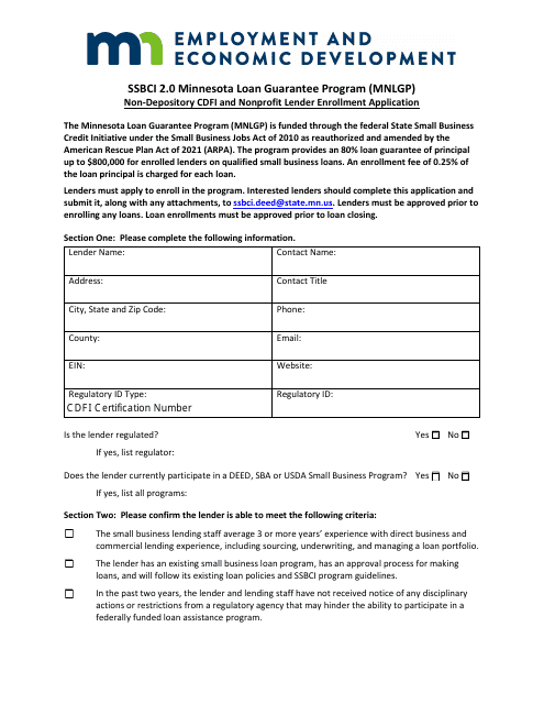 Non-depository Cdfi and Nonprofit Lender Enrollment Application - Ssbci 2.0 Minnesota Loan Guarantee Program (Mnlgp) - Minnesota Download Pdf
