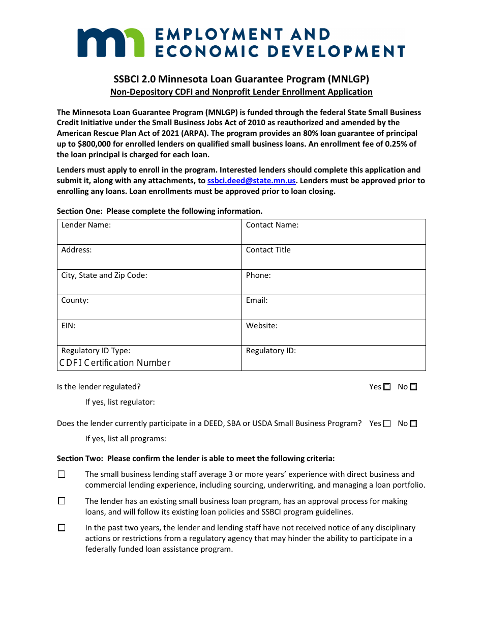 Non-depository Cdfi and Nonprofit Lender Enrollment Application - Ssbci 2.0 Minnesota Loan Guarantee Program (Mnlgp) - Minnesota, Page 1