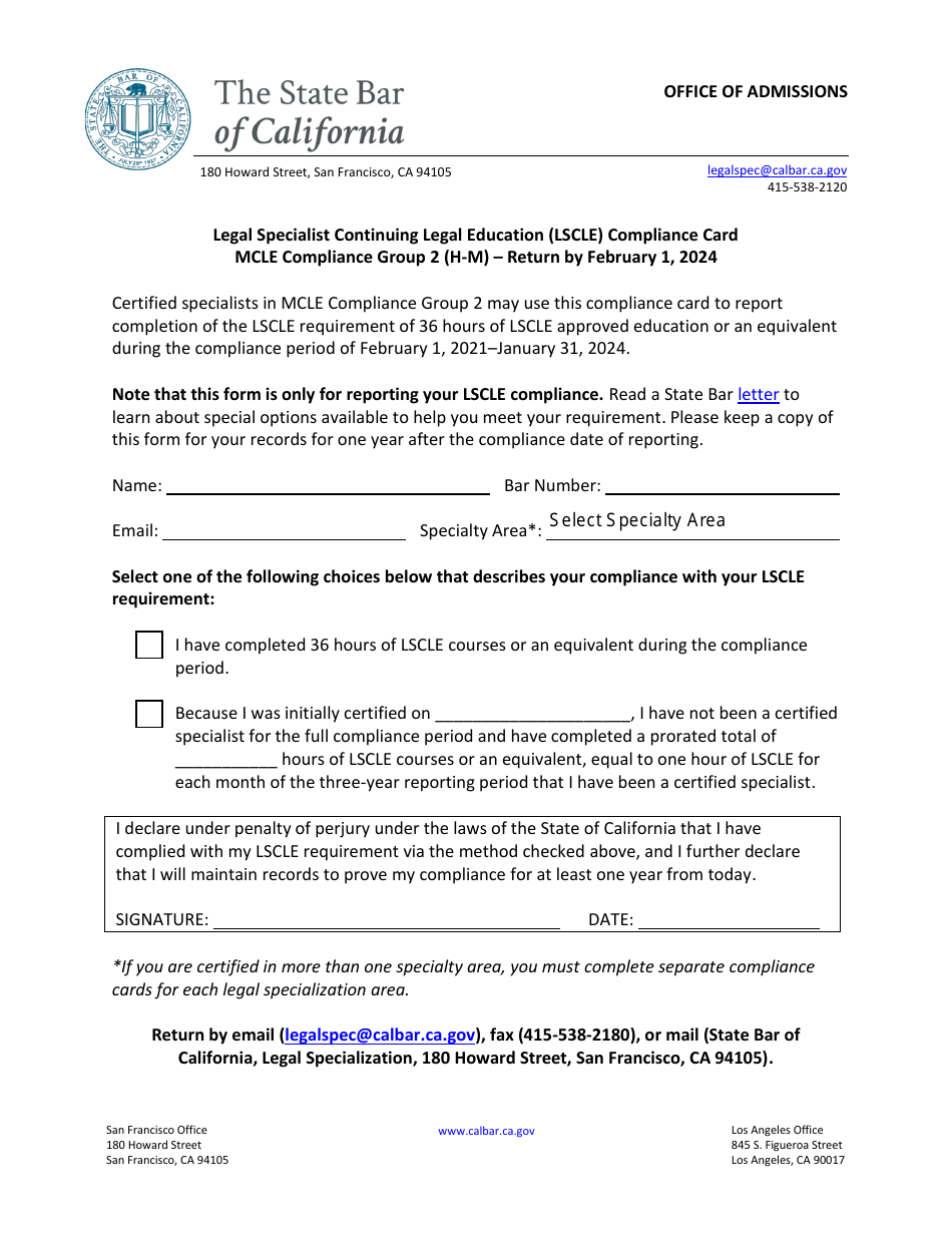 Legal Specialist Continuing Legal Education (Lscle) Compliance Card - Mcle Compliance Group 2 (H-M) - California, Page 1