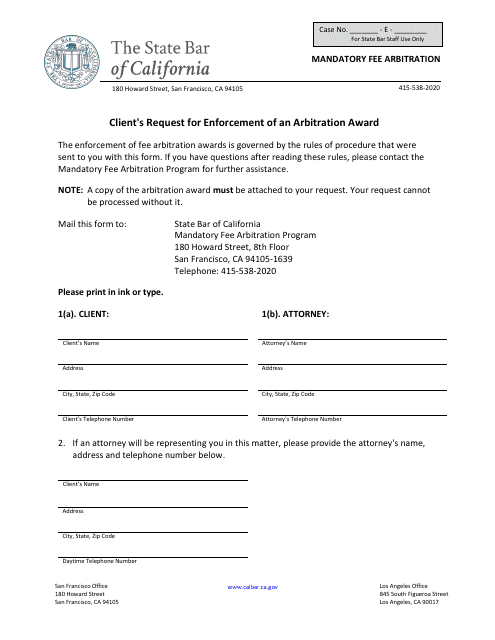 Client's Request for Enforcement of an Arbitration Award - California Download Pdf