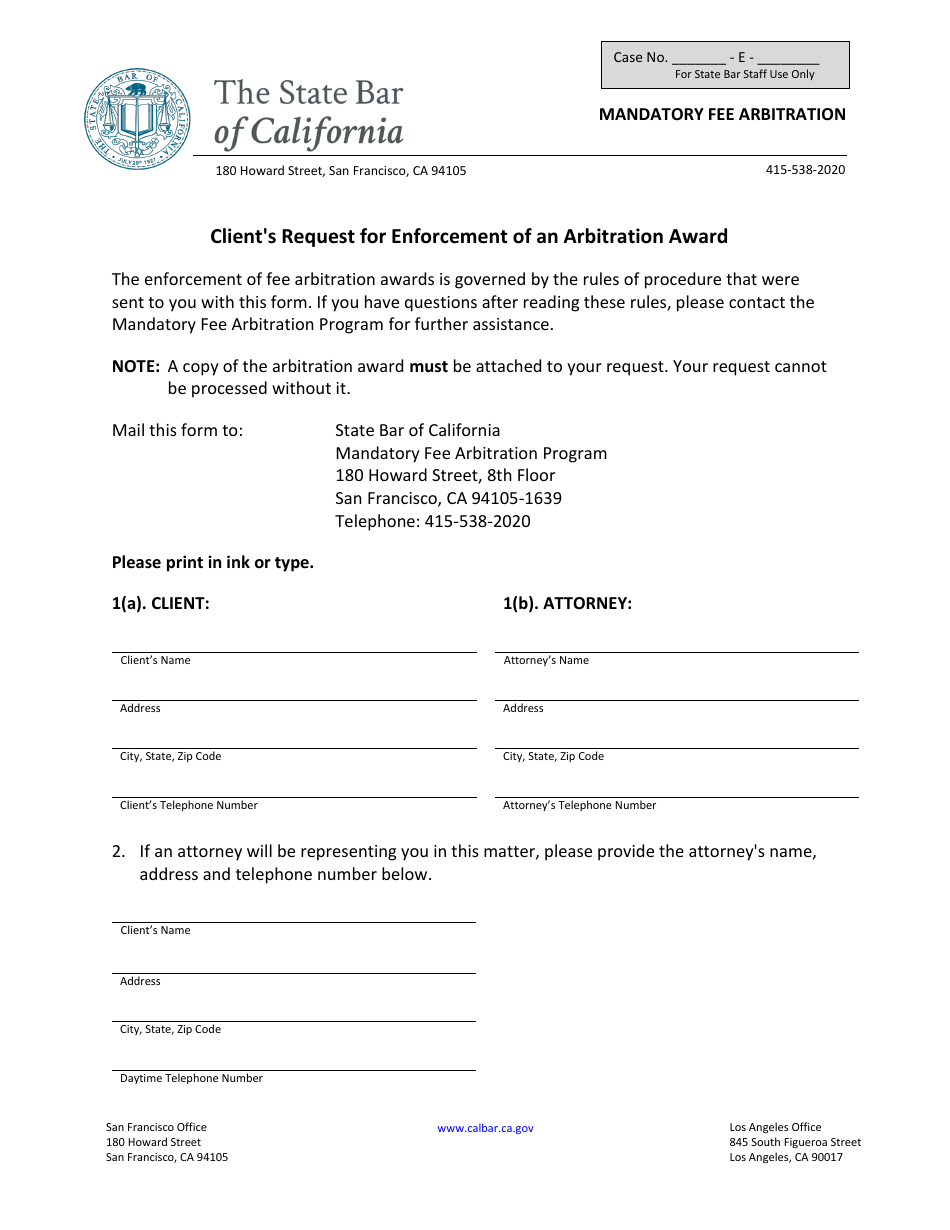 Clients Request for Enforcement of an Arbitration Award - California, Page 1