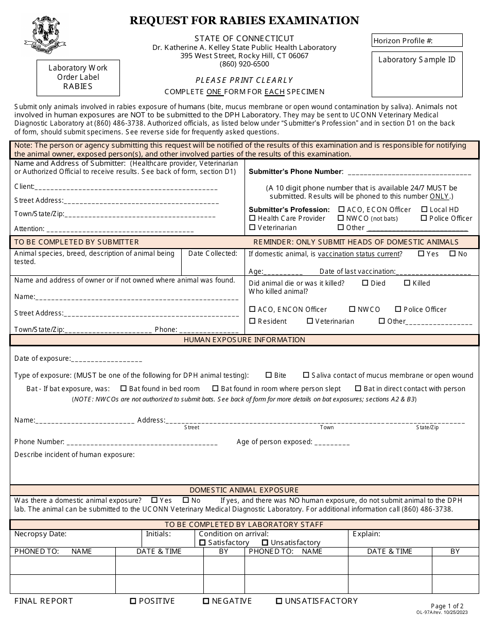 Form OL-97 Request for Rabies Examination - Connecticut, Page 1