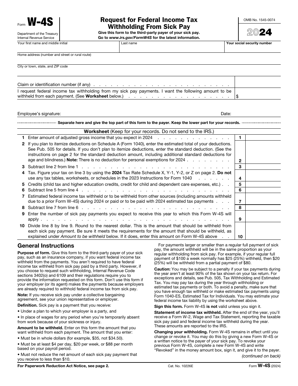 Form W-4S Request for Federal Income Tax Withholding From Sick Pay, Page 1