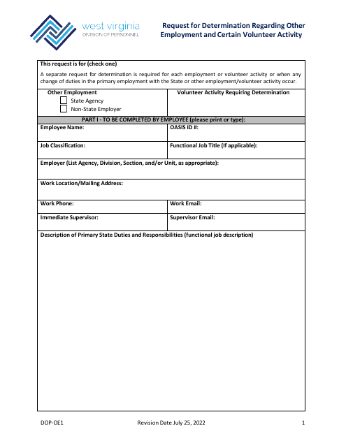 Form DOP-OE1 Request for Determination Regarding Other Employment and Certain Volunteer Activity - West Virginia