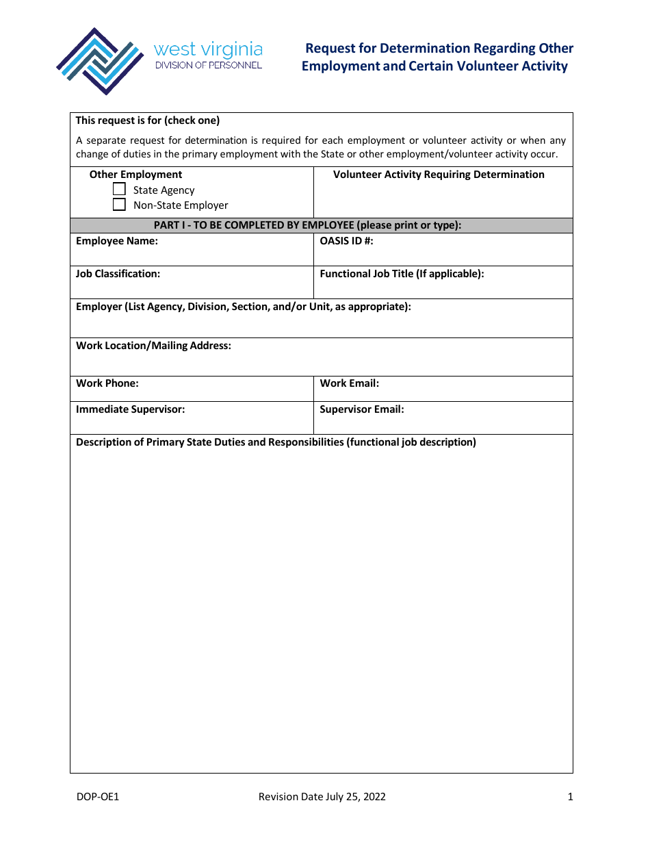 Form DOP-OE1 Request for Determination Regarding Other Employment and Certain Volunteer Activity - West Virginia, Page 1