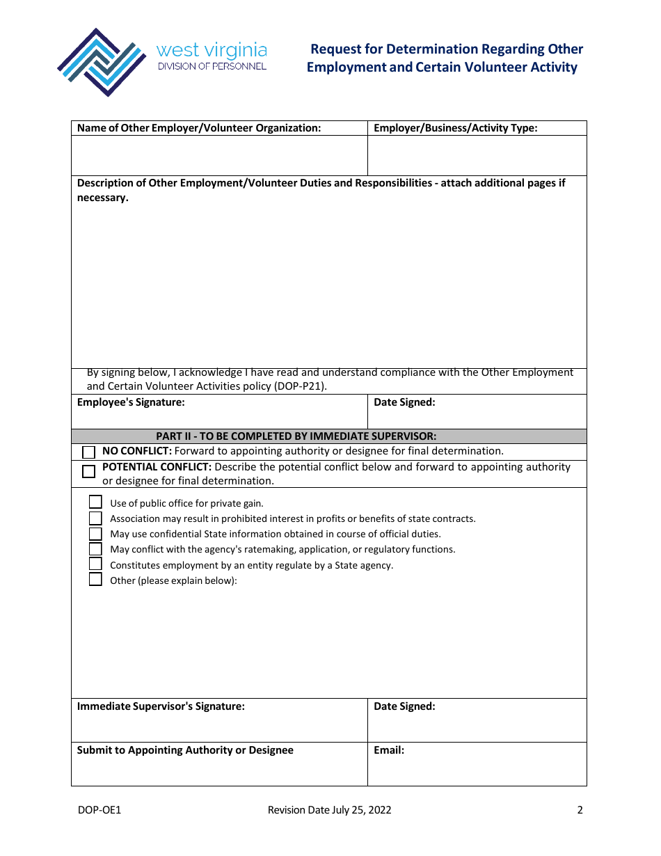 Form DOP-OE1 Request for Determination Regarding Other Employment and Certain Volunteer Activity - West Virginia, Page 2