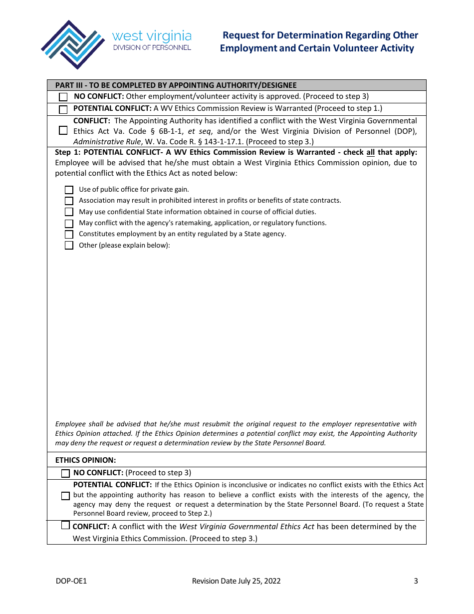 Form DOP-OE1 Request for Determination Regarding Other Employment and Certain Volunteer Activity - West Virginia, Page 3