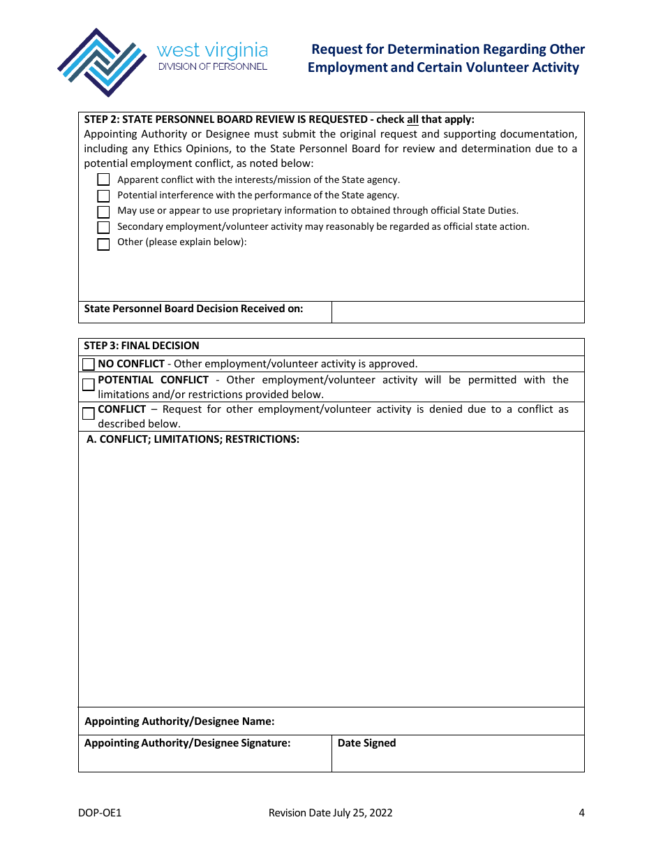 Form DOP-OE1 Request for Determination Regarding Other Employment and Certain Volunteer Activity - West Virginia, Page 4