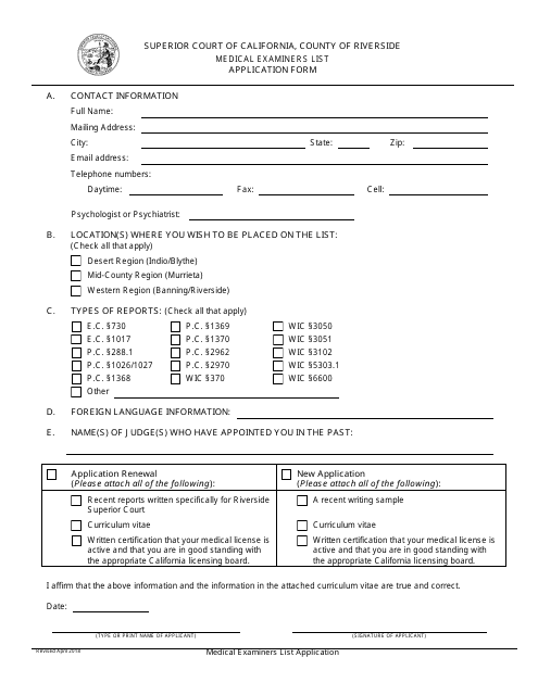 Medical Examiners List Application Form - County of Riverside, California Download Pdf