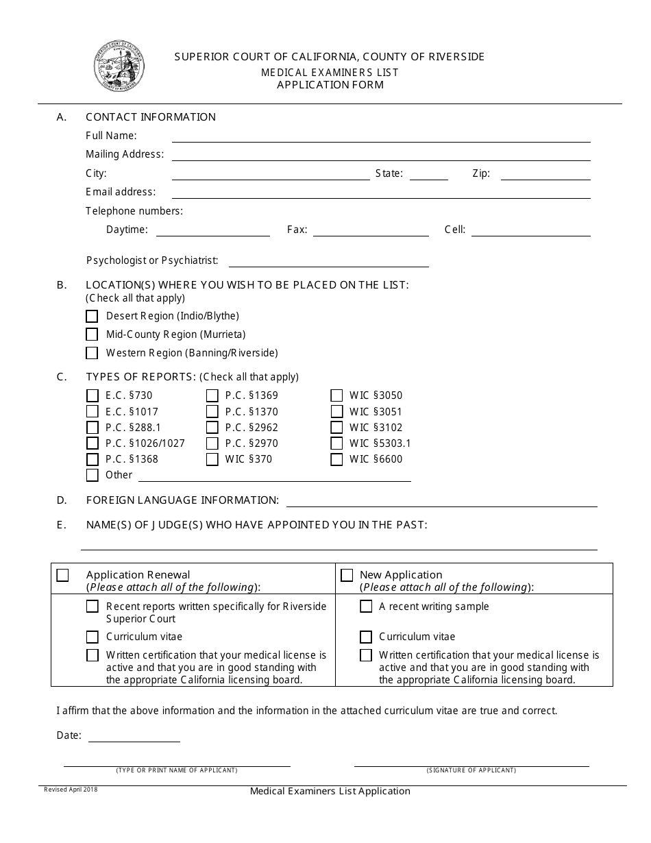 Medical Examiners List Application Form - County of Riverside, California, Page 1